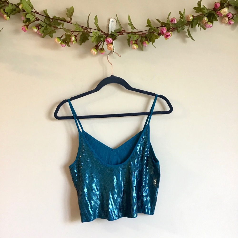 NWT Express teal blue-green sequin crop tank top - Picture 8 of 9
